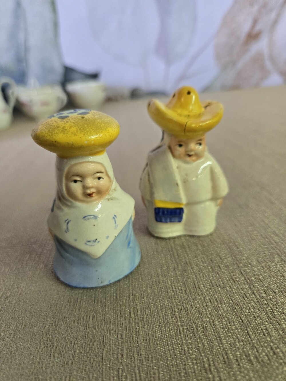 Ceramic Folk Figurine Pair in Yellow and Blue - Home Art